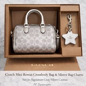 Coach Boxed Set Mini Rowan Bag with Mirror Bag Charm in Silver Signature Canvas